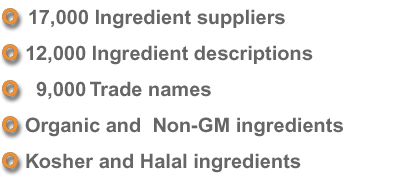 A picture showing the text 17000 ingredient suppliers, 12000 ingredient descriptions, 9000 trade names, organic and non-gm ingredients, kosher and halal ingredients